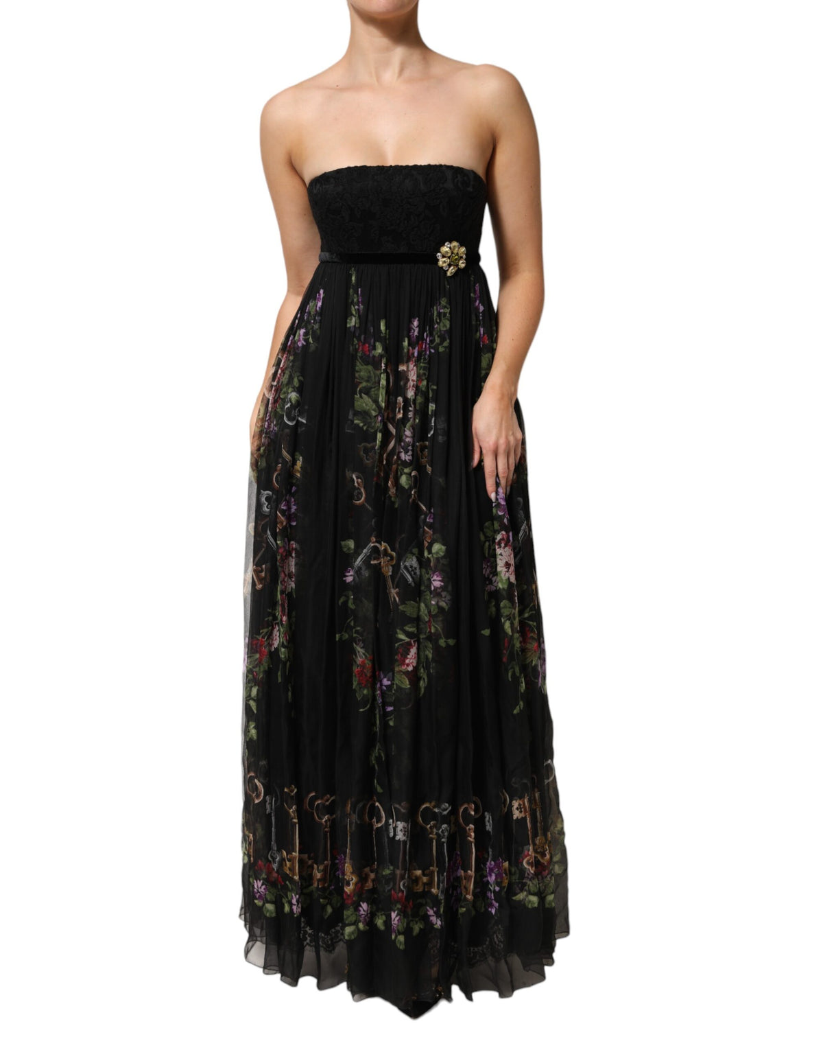 Dolce &amp; Gabbana Schwarzes trägerloses Kleid mit Blumen- und Schlüsselprint