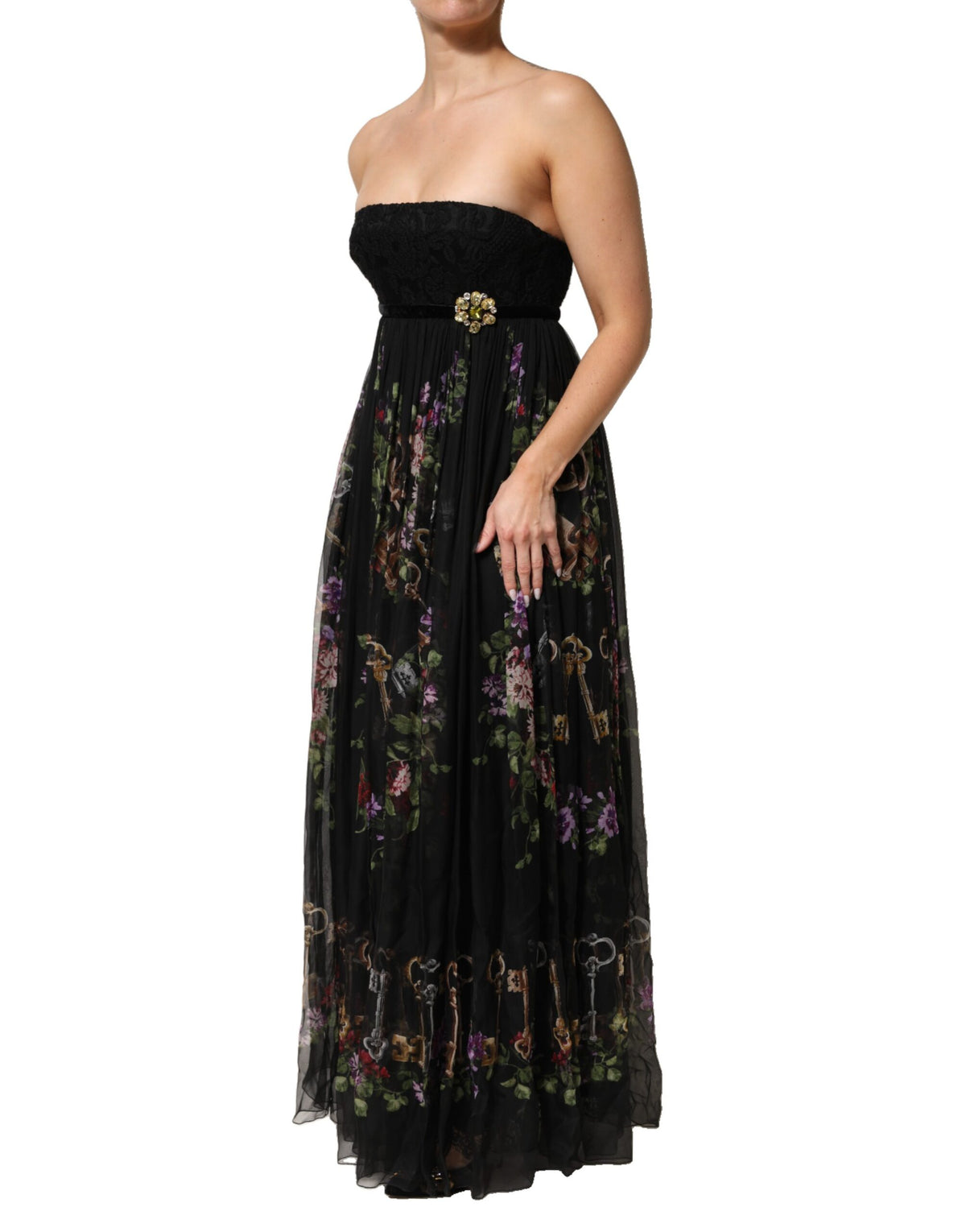 Dolce &amp; Gabbana Schwarzes trägerloses Kleid mit Blumen- und Schlüsselprint