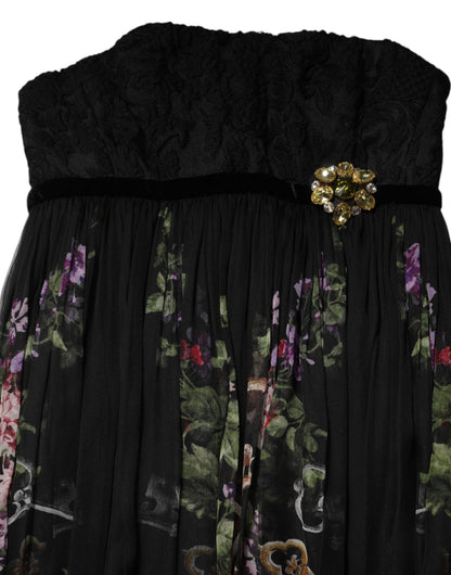 Dolce & Gabbana Black Floral Key Print Crystal Strapless Dress