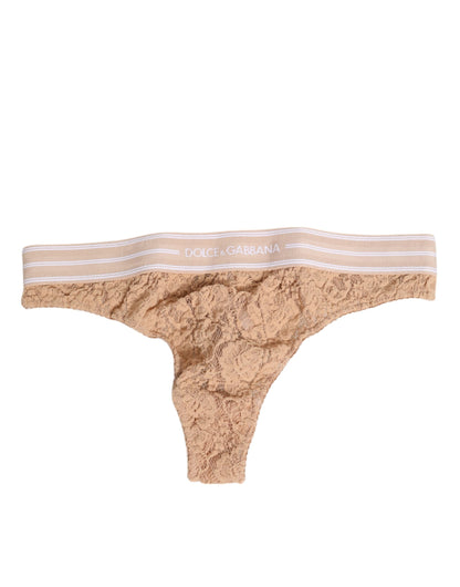 Dolce &amp; Gabbana – Tanga-Unterwäsche mit Spitzenlogo und elastischer Taille in Beige