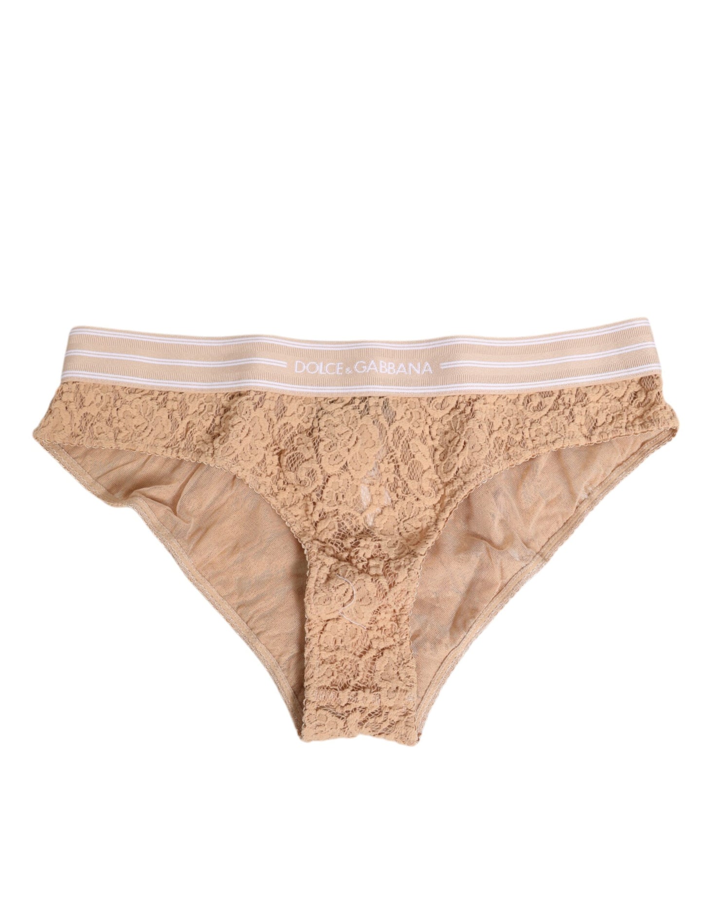 Dolce &amp; Gabbana Beige Spitzen-Brasiliano-Slip mit Logobund