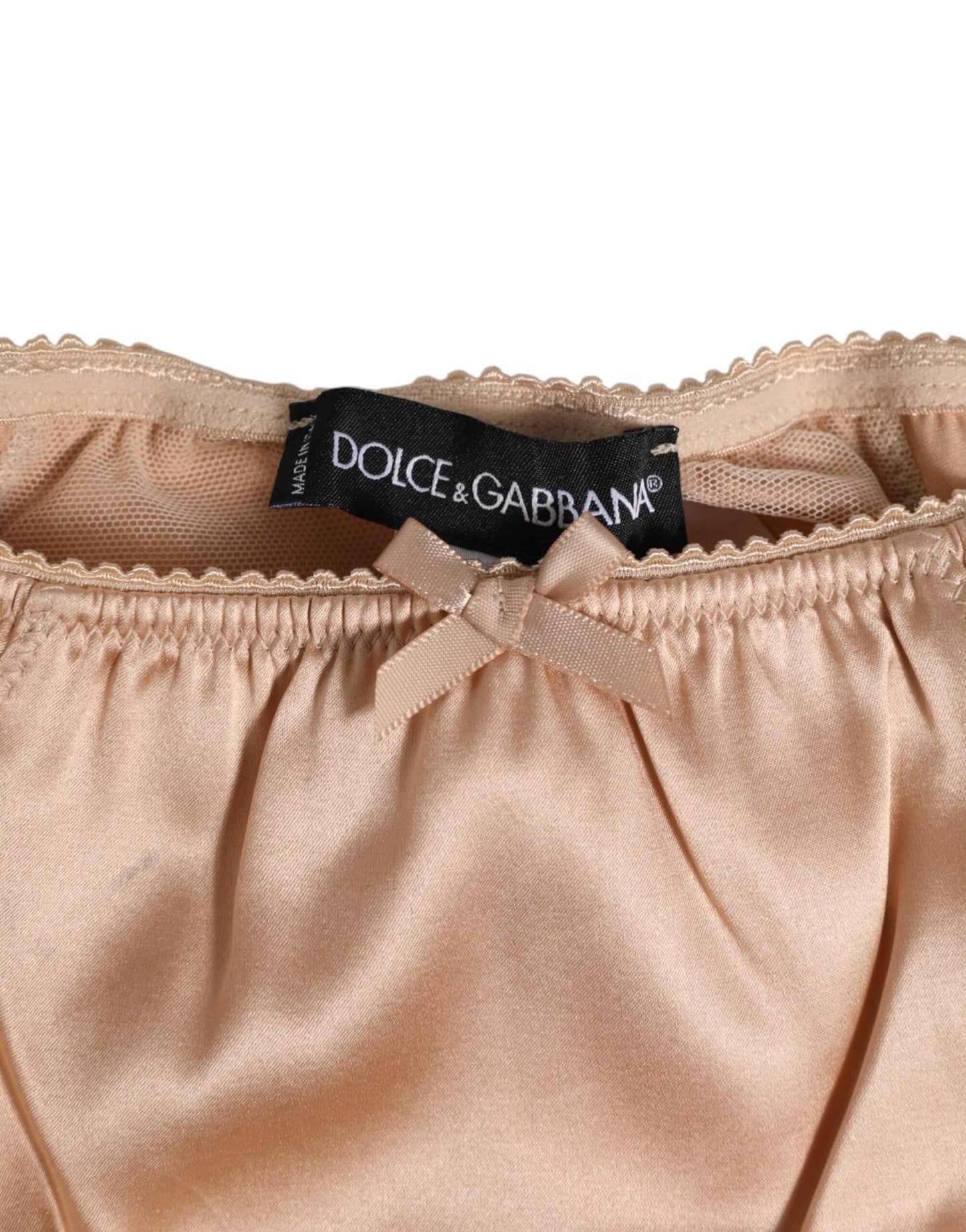 Dolce &amp; Gabbana – Unterwäsche aus Seidensatin mit Schleife und Spitzenbesatz in Nude-Beige