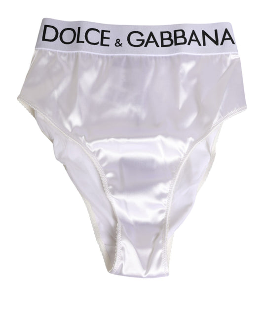 Dolce &amp; Gabbana – Weißer Satin-Slip mit hoher Taille und Logo-Logo für Damen