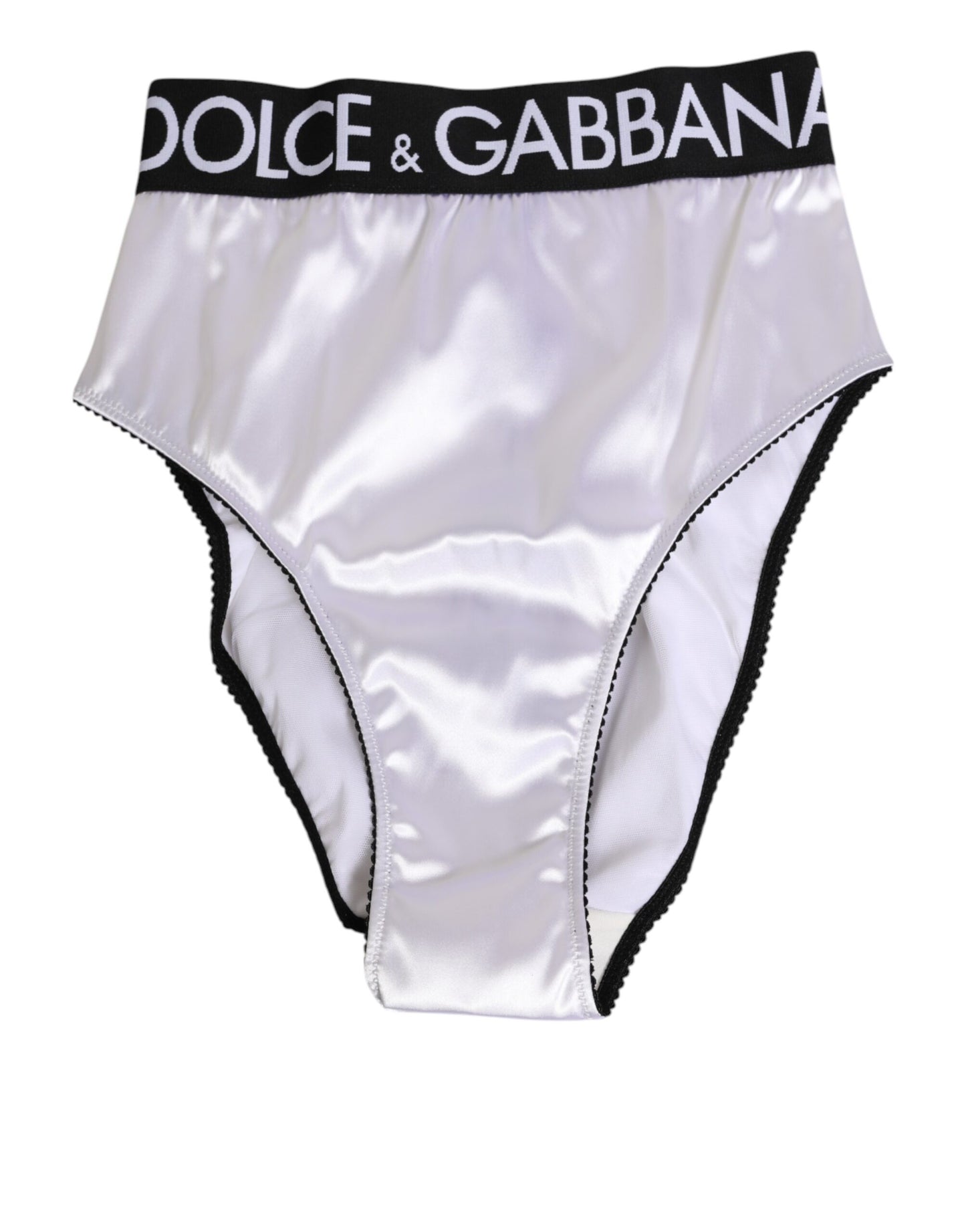 Dolce &amp; Gabbana – Weiße Satin-Unterwäsche mit hoher Taille und schwarzem Logo für Damen