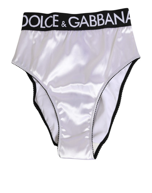 Dolce &amp; Gabbana – Weiße Satin-Unterwäsche mit hoher Taille und schwarzem Logo für Damen