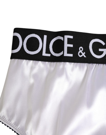 Dolce &amp; Gabbana – Weiße Satin-Unterwäsche mit hoher Taille und schwarzem Logo für Damen