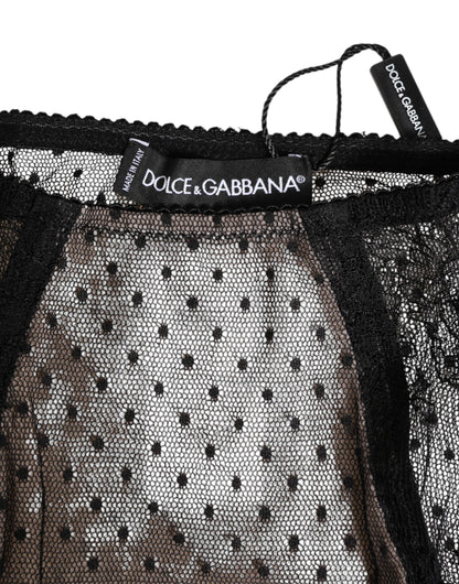 Dolce &amp; Gabbana – Schwarze, transparente Spitzenunterwäsche mit Punkten und hoher Taille