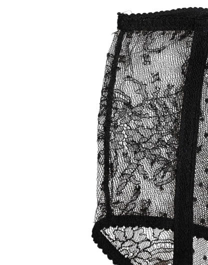 Dolce &amp; Gabbana – Schwarze, transparente Spitzenunterwäsche mit Punkten und hoher Taille