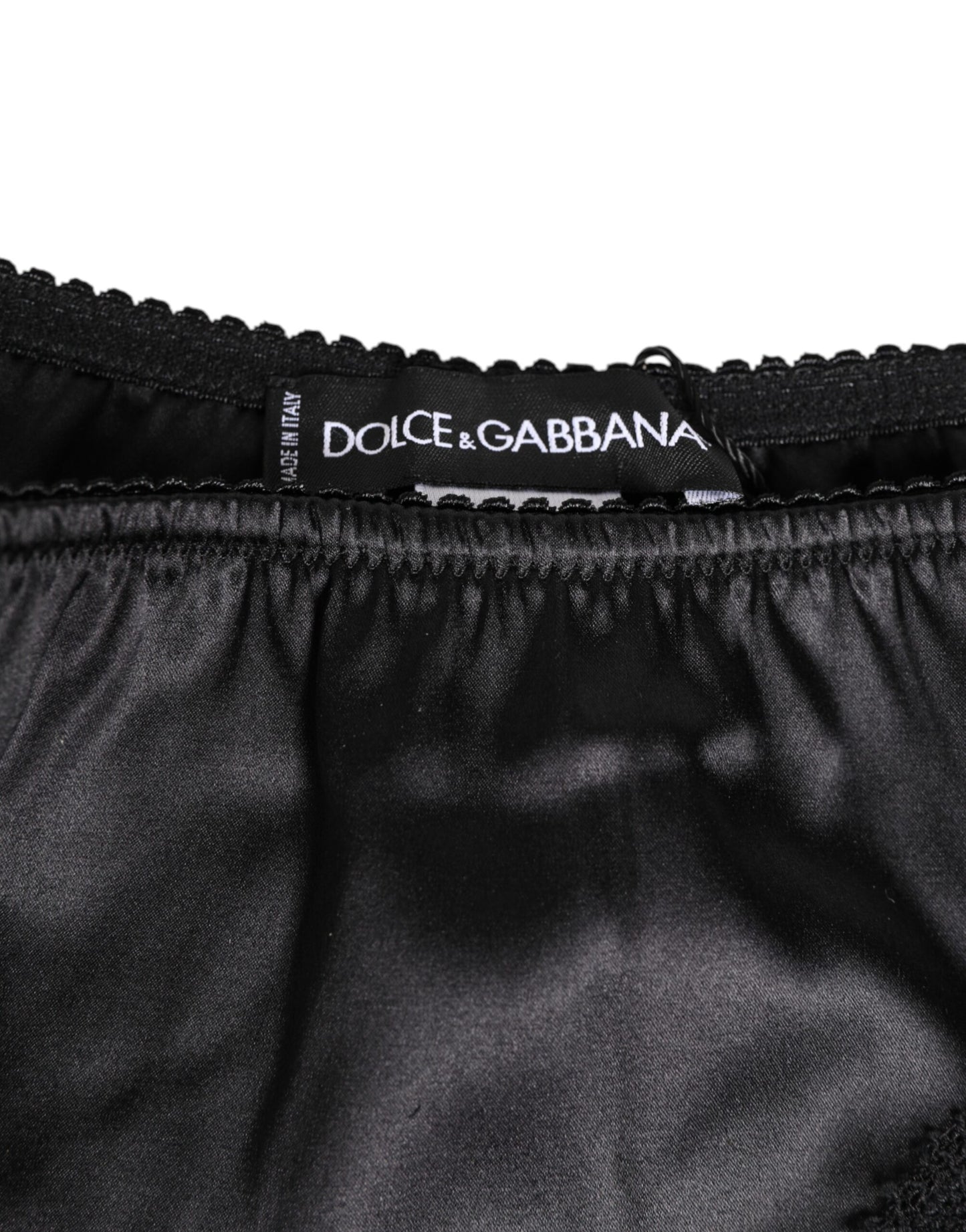 Dolce &amp; Gabbana – Slip aus schwarzem Seidensatin mit Spitzenbesatz