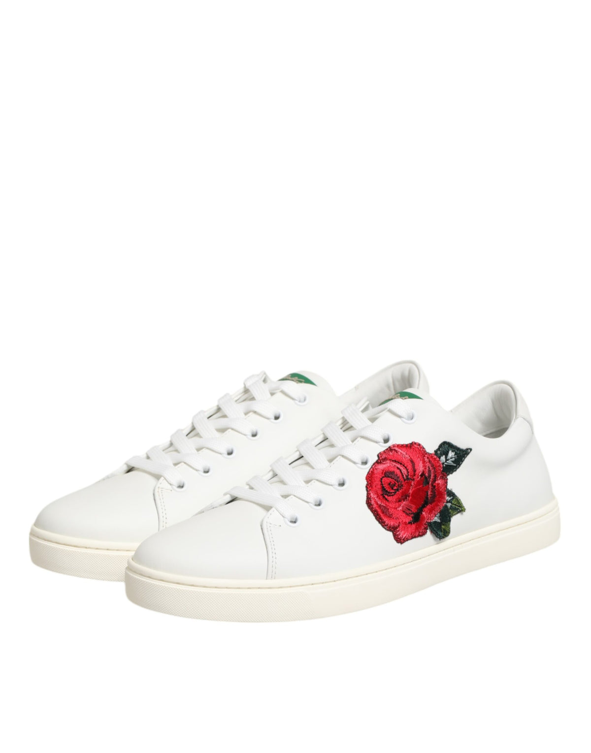 Dolce &amp; Gabbana – Niedrige Schuhe aus weißem Leder mit Rosenstickerei