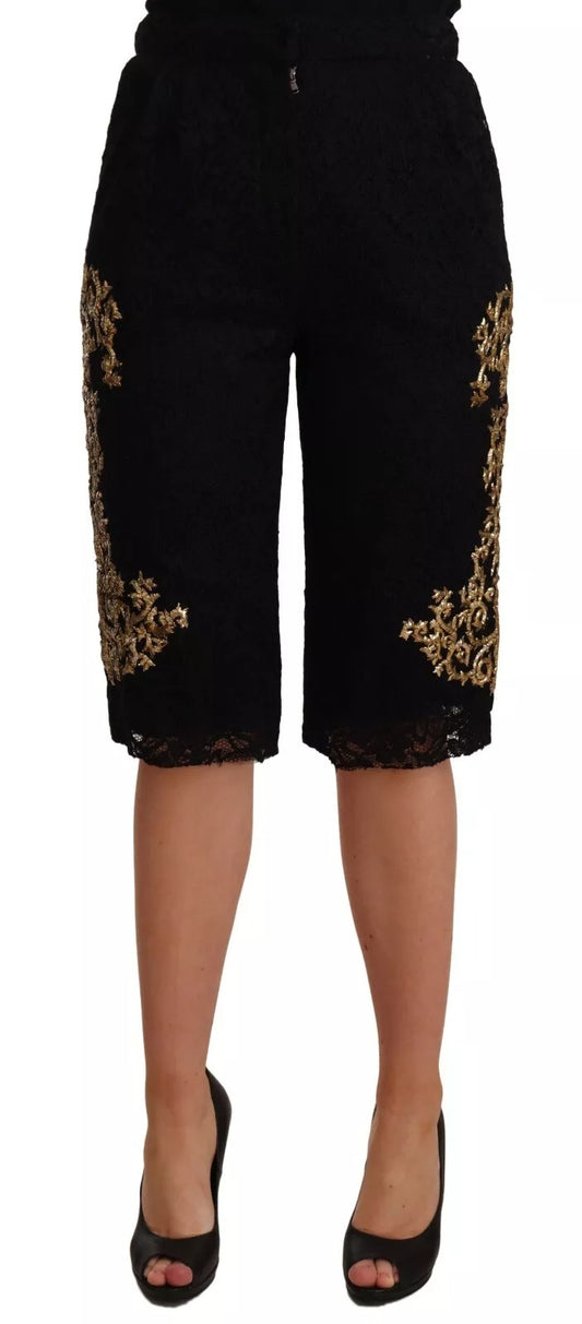 Dolce &amp; Gabbana Schwarze Spitze Gold Barock SPEZIALSTÜCK Shorts