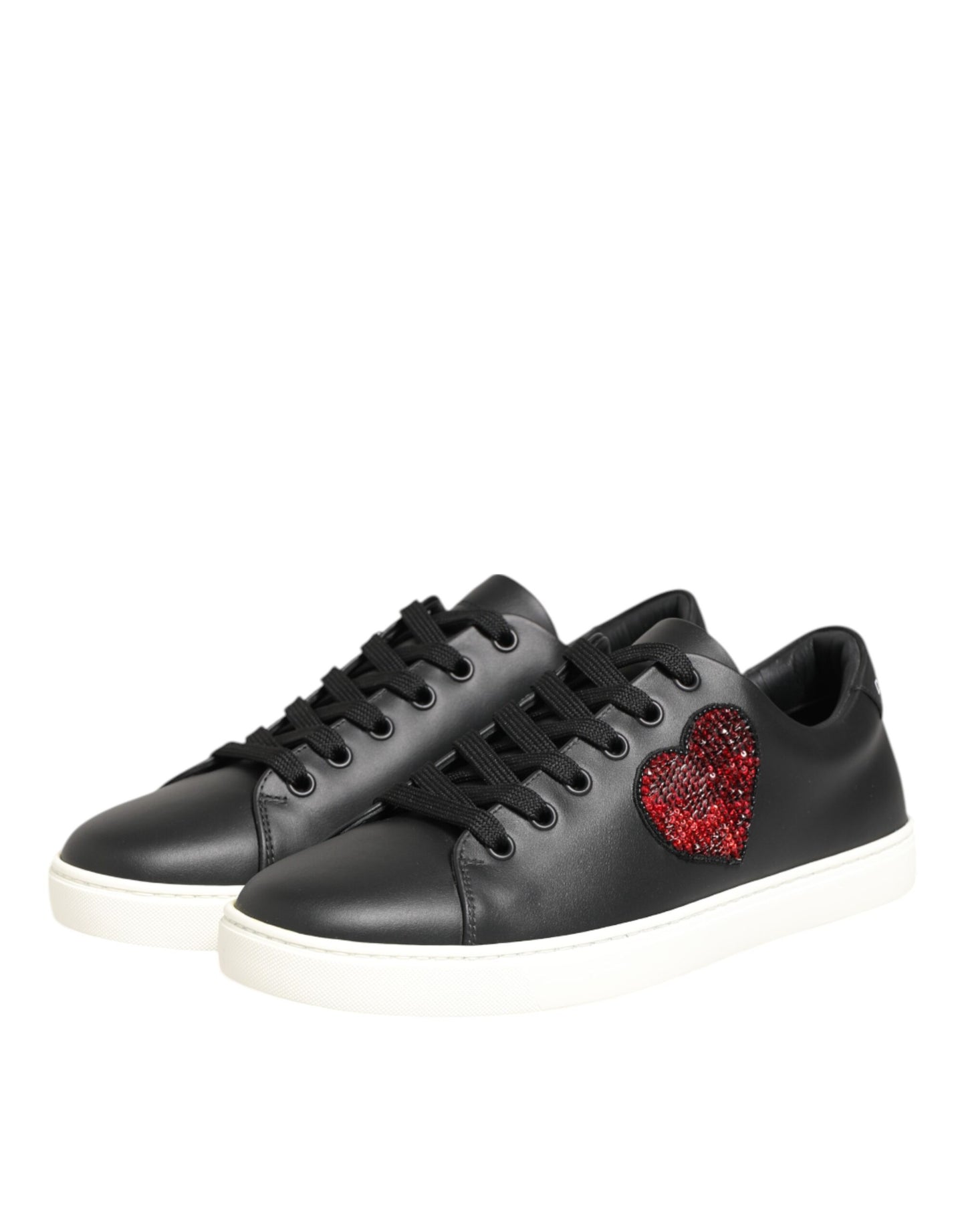 Dolce &amp; Gabbana Schwarz-Weiß-Leder-Sneakers mit Kristallherz