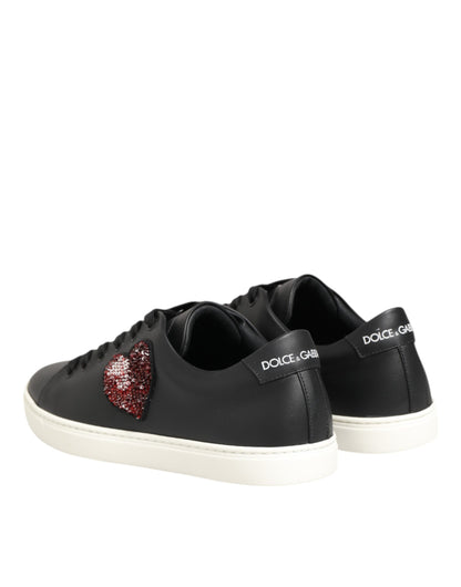 Dolce &amp; Gabbana Schwarz-Weiß-Leder-Sneakers mit Kristallherz
