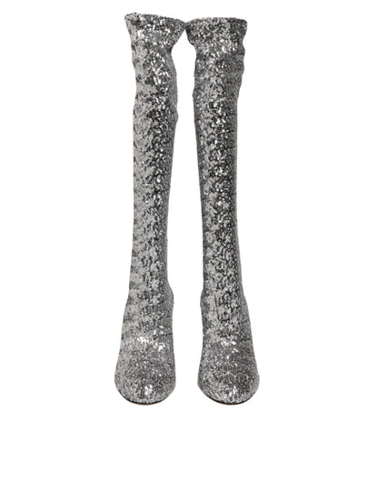 Dolce &amp; Gabbana Schuhe Silber Pailletten Glitter High Heel Boot Schuhe