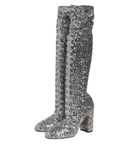 Dolce &amp; Gabbana Schuhe Silber Pailletten Glitter High Heel Boot Schuhe