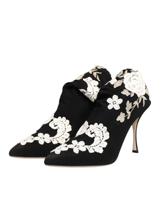 Dolce &amp; Gabbana Schwarz Weiß bestickte Jersey Stiletto Stiefel Schuhe