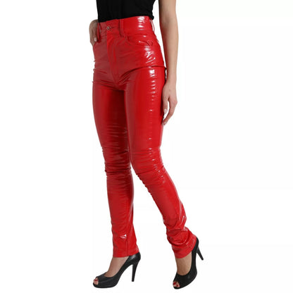 Dolce &amp; Gabbana – Rote, hoch taillierte Skinny-Hose mit glänzender Hose
