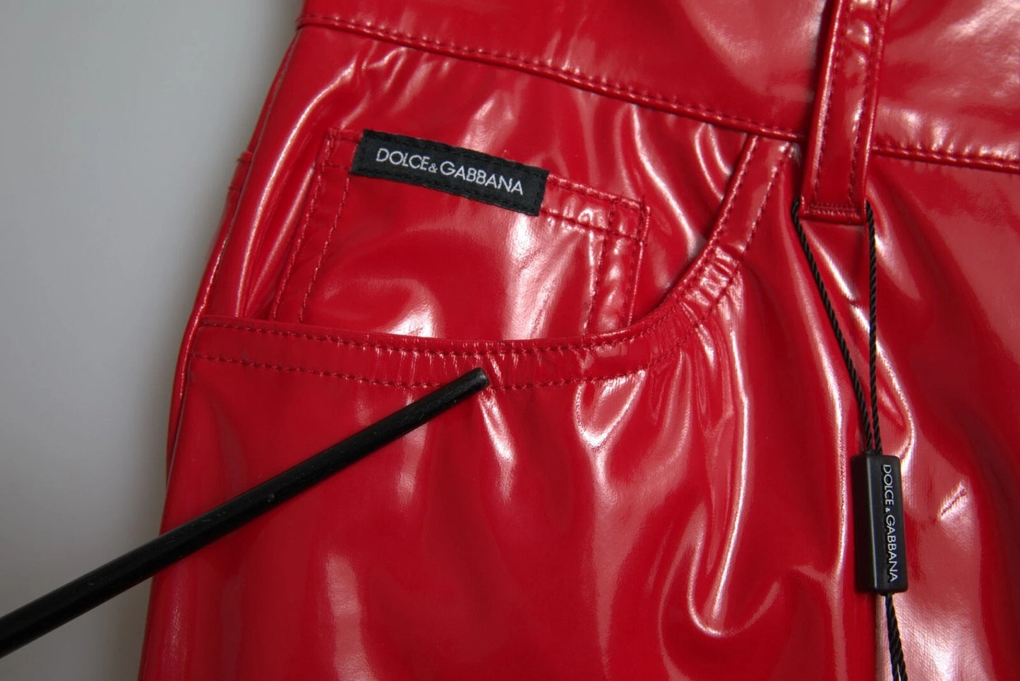 Dolce &amp; Gabbana – Rote, hoch taillierte Skinny-Hose mit glänzender Hose