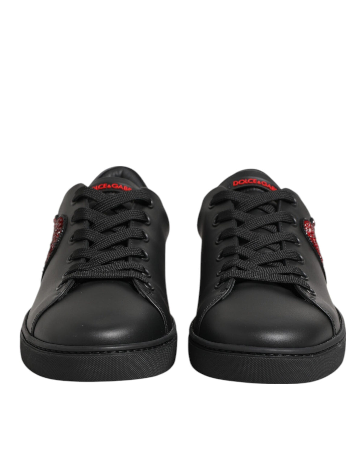 Dolce &amp; Gabbana Schwarze Leder Kristall Herz Low Top Sneakers Schuhe