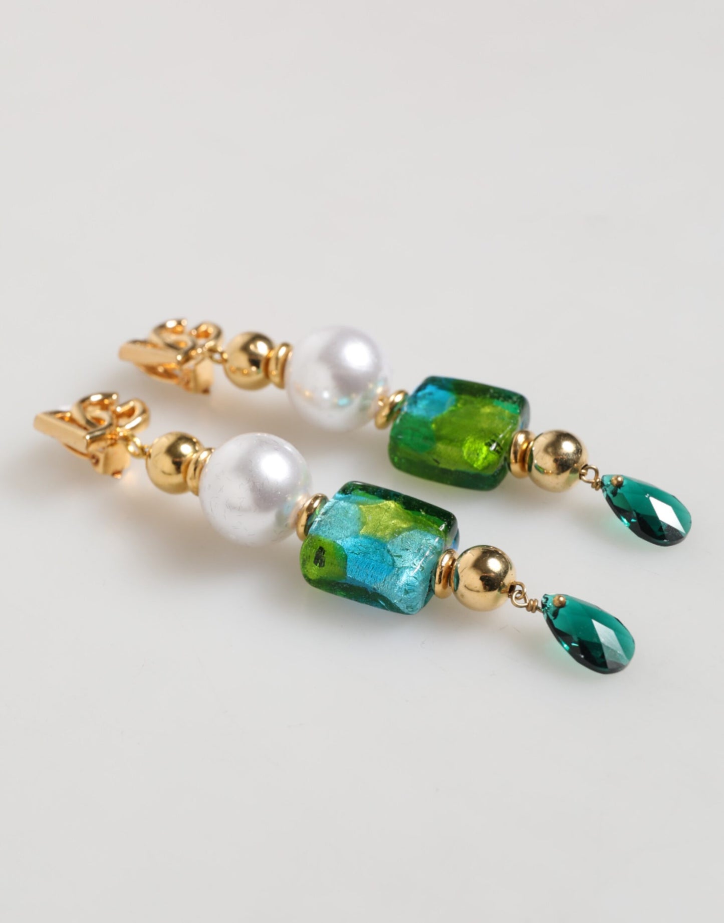 Dolce & Gabbana Gold Brass Multicolour Pearl Green Blue Drop Logo DG Earrings