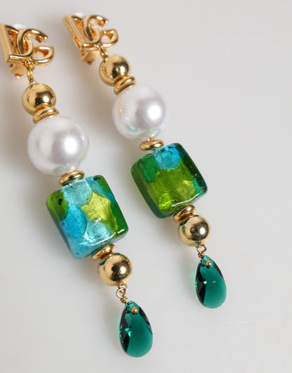 Dolce & Gabbana Gold Brass Multicolour Pearl Green Blue Drop Logo DG Earrings