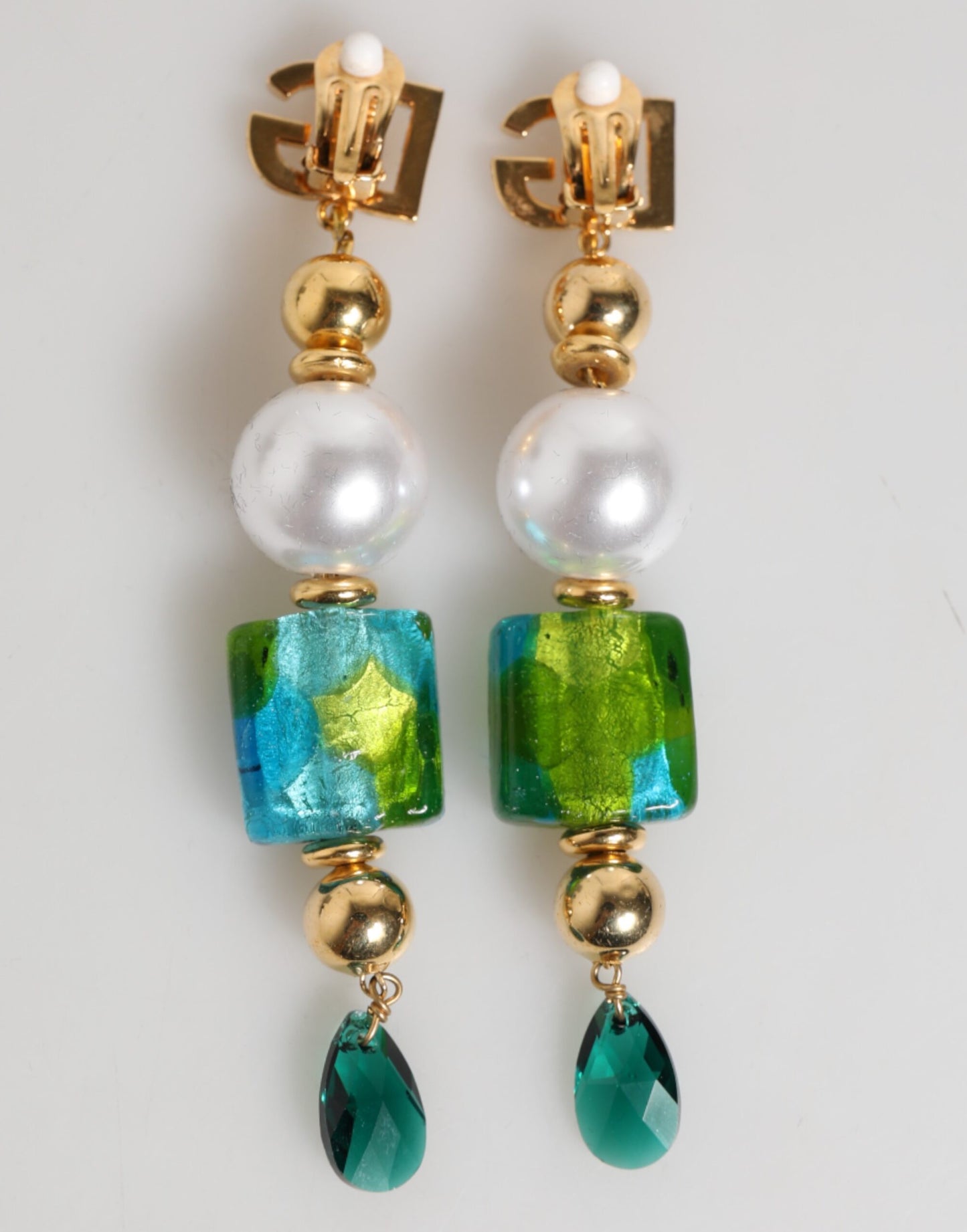 Dolce & Gabbana Gold Brass Multicolour Pearl Green Blue Drop Logo DG Earrings