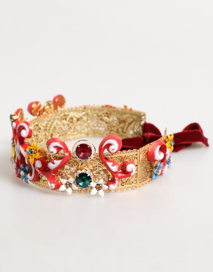 Dolce &amp; Gabbana Rotes Carretto-Stirnband mit mehrfarbigem Kristallgold und Tiara-Krähenmotiv
