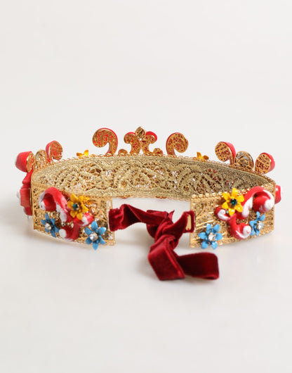 Dolce &amp; Gabbana Rotes Carretto-Stirnband mit mehrfarbigem Kristallgold und Tiara-Krähenmotiv