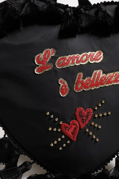 Dolce &amp; Gabbana – Schwarzer Kinderrucksack mit L'Amore-Aufnäher und Herzverzierung