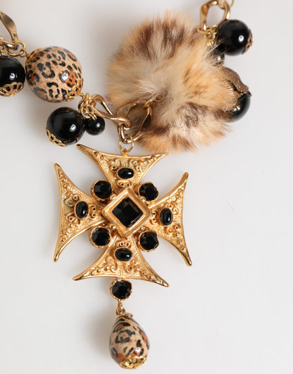 Dolce & Gabbana Gold Black Crystals Lapin Fur Filigree Choker Necklace