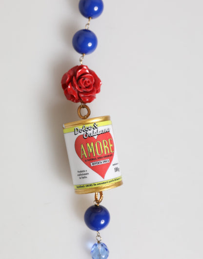 Dolce &amp; Gabbana Goldfarbene Halskette mit Amore-Herz- und Rosenanhänger