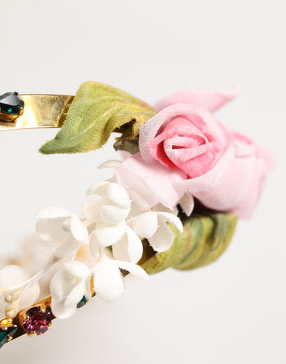 Dolce &amp; Gabbana – Goldfarbenes Blumen-Diadem mit rosa Rosen und Kristallkrone