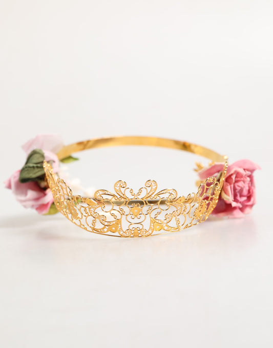 Dolce &amp; Gabbana – Goldfarbenes Blumen-Diadem mit rosa Rosen und Kristallkrone