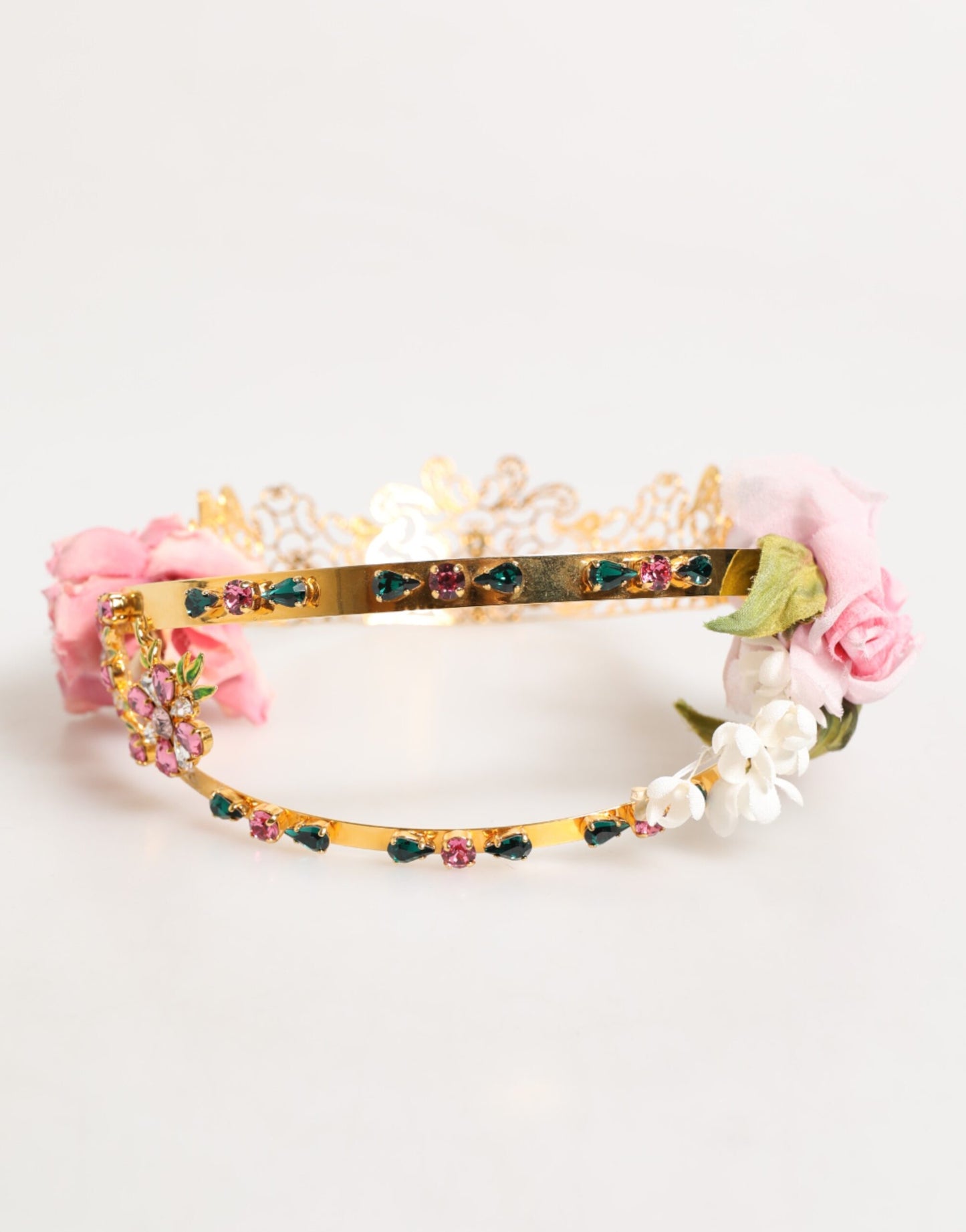 Dolce &amp; Gabbana – Goldfarbenes Blumen-Diadem mit rosa Rosen und Kristallkrone