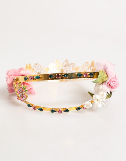 Dolce &amp; Gabbana – Goldfarbenes Blumen-Diadem mit rosa Rosen und Kristallkrone