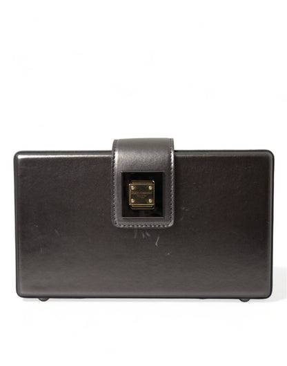 Dolce &amp; Gabbana – Schultertasche aus kastenförmigem Leder in Stahlgrau mit goldenem DG-Logo