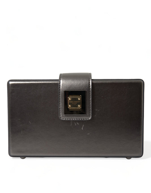 Dolce &amp; Gabbana – Schultertasche aus kastenförmigem Leder in Stahlgrau mit goldenem DG-Logo