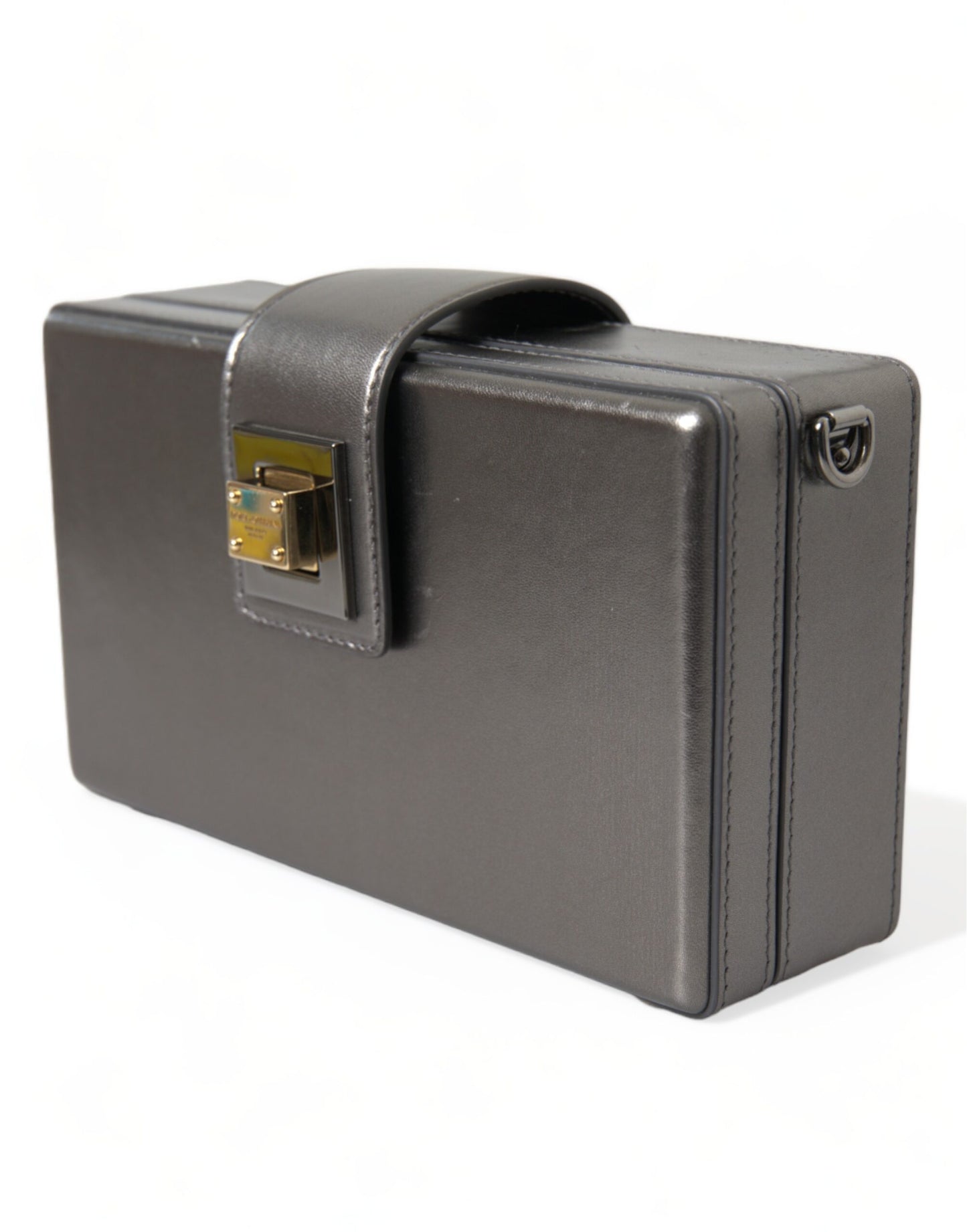 Dolce &amp; Gabbana – Schultertasche aus kastenförmigem Leder in Stahlgrau mit goldenem DG-Logo