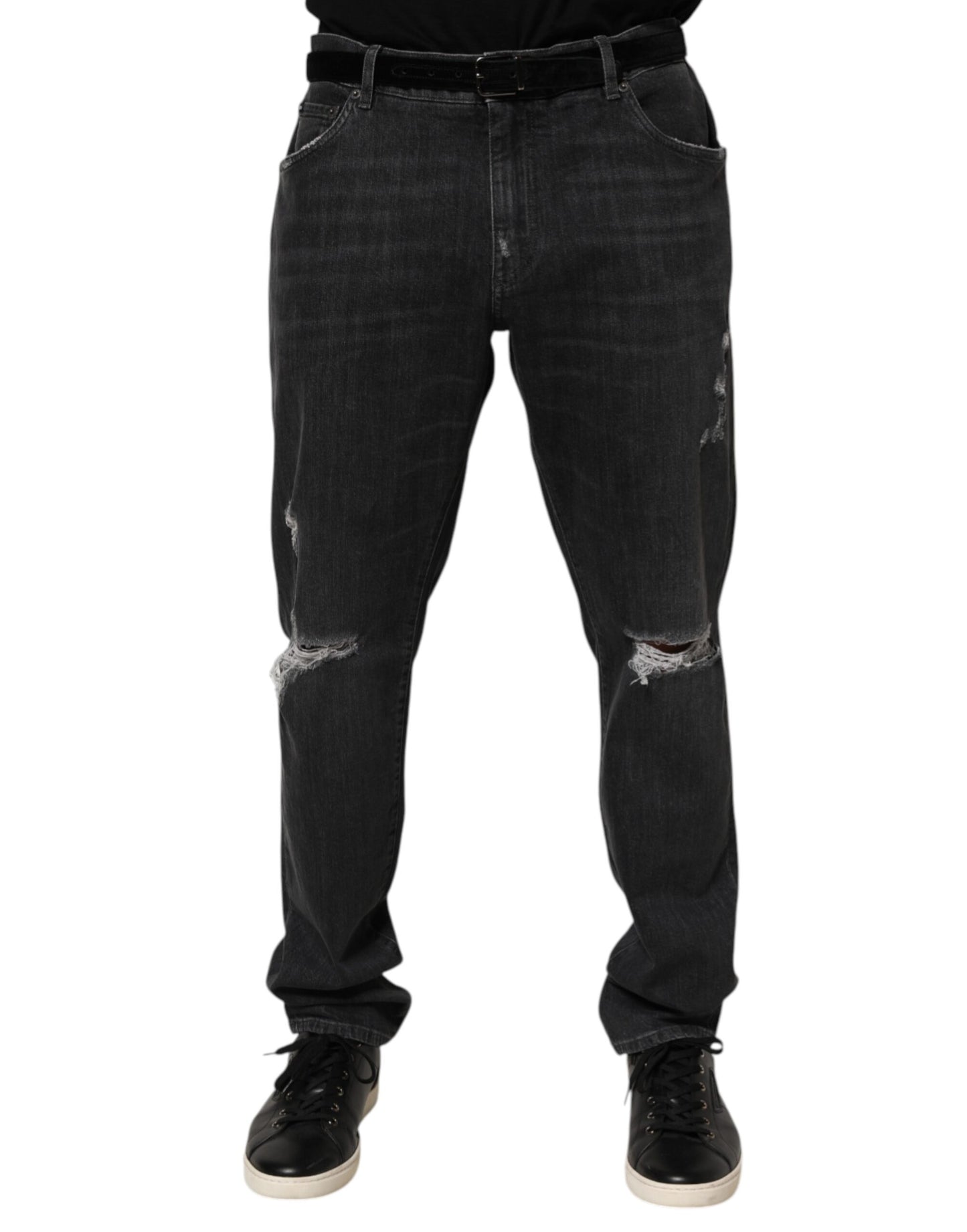 Dolce &amp; Gabbana – Slim Fit-Jeans aus schwarzer Baumwolle mit zerrissenem Logo