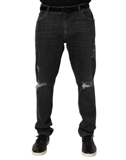 Dolce &amp; Gabbana – Slim Fit-Jeans aus schwarzer Baumwolle mit zerrissenem Logo
