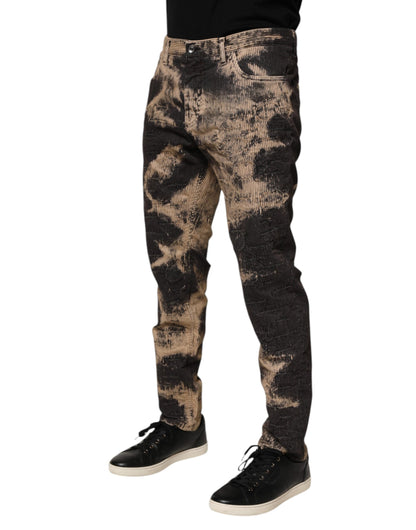 Dolce &amp; Gabbana Beige-Schwarze Cordhose aus Baumwollmischung mit Batikmuster
