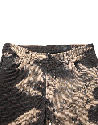 Dolce &amp; Gabbana Beige-Schwarze Cordhose aus Baumwollmischung mit Batikmuster