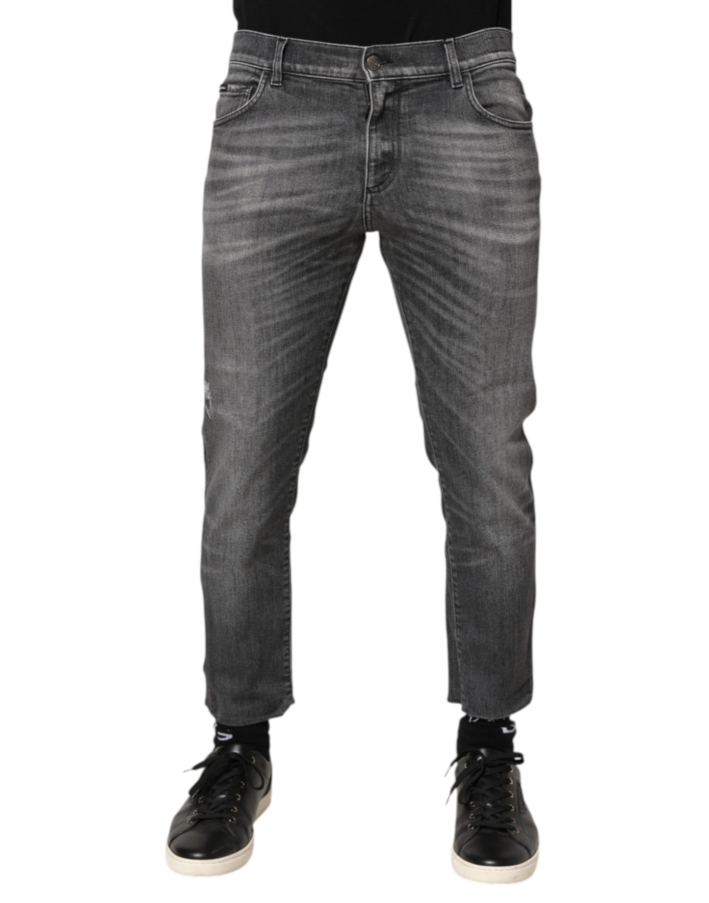 Dolce &amp; Gabbana – Slim Fit-Jeans aus grauem Baumwolldenim im Used-Look