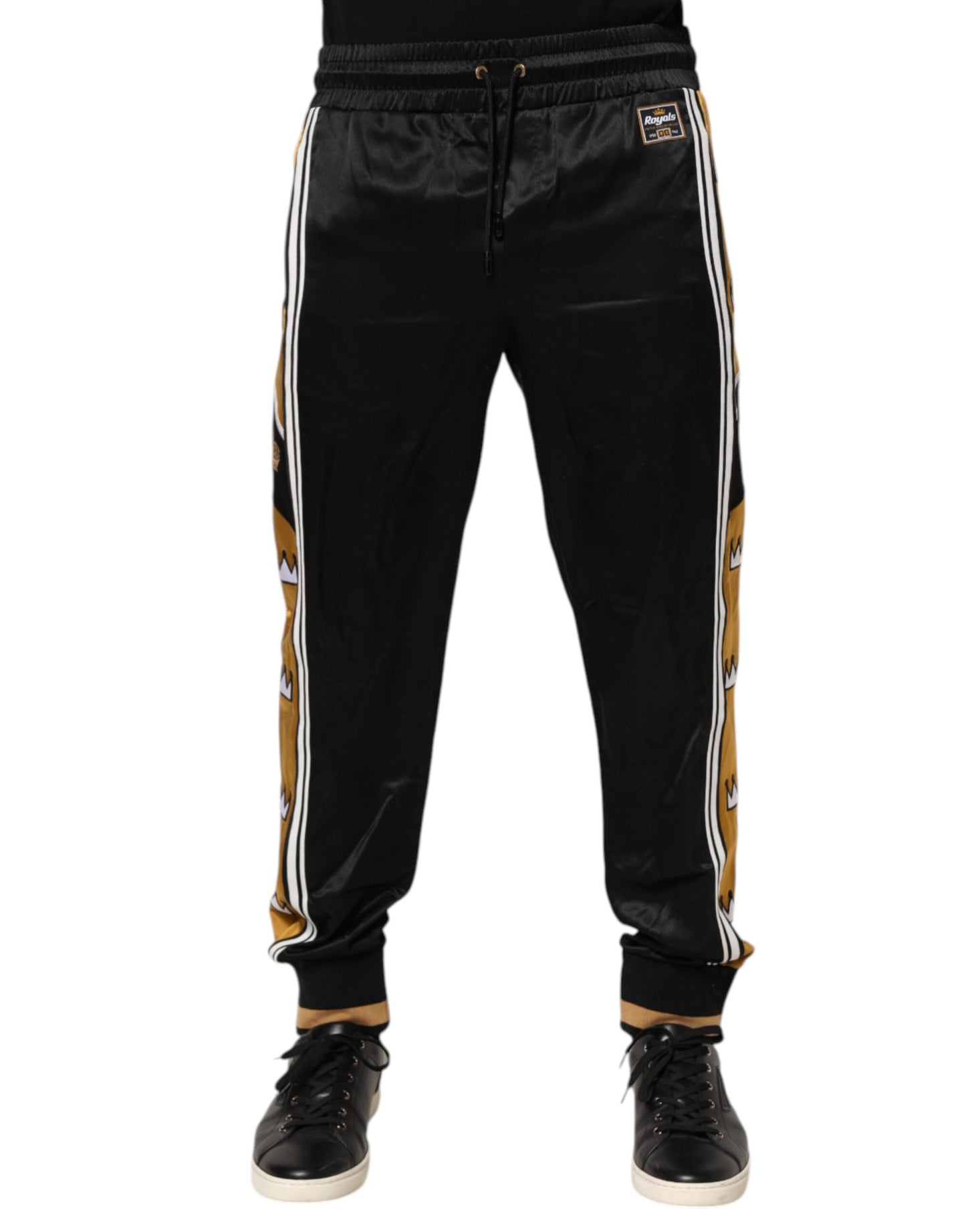 Dolce &amp; Gabbana – Jogginghose mit seitlichen Streifen und Krone aus Satin in Schwarz und Gold