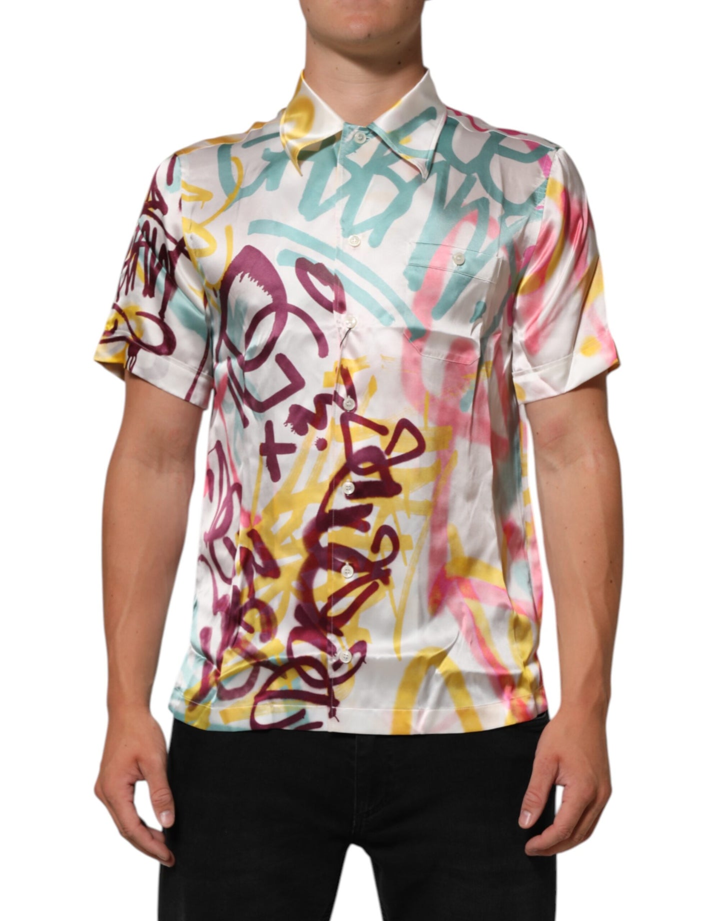 Dolce &amp; Gabbana Weißes Seidenhemd mit Hawaii-Graffiti-Print für Herren