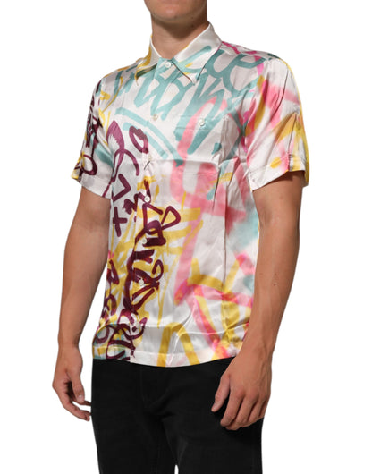 Dolce &amp; Gabbana Weißes Seidenhemd mit Hawaii-Graffiti-Print für Herren