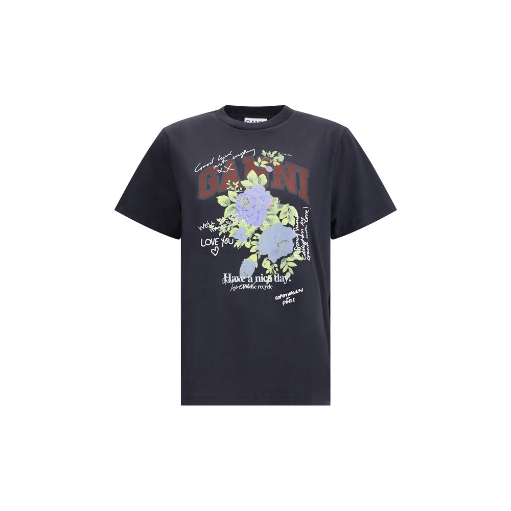 Ganni – T-Shirt mit Rosenmuster