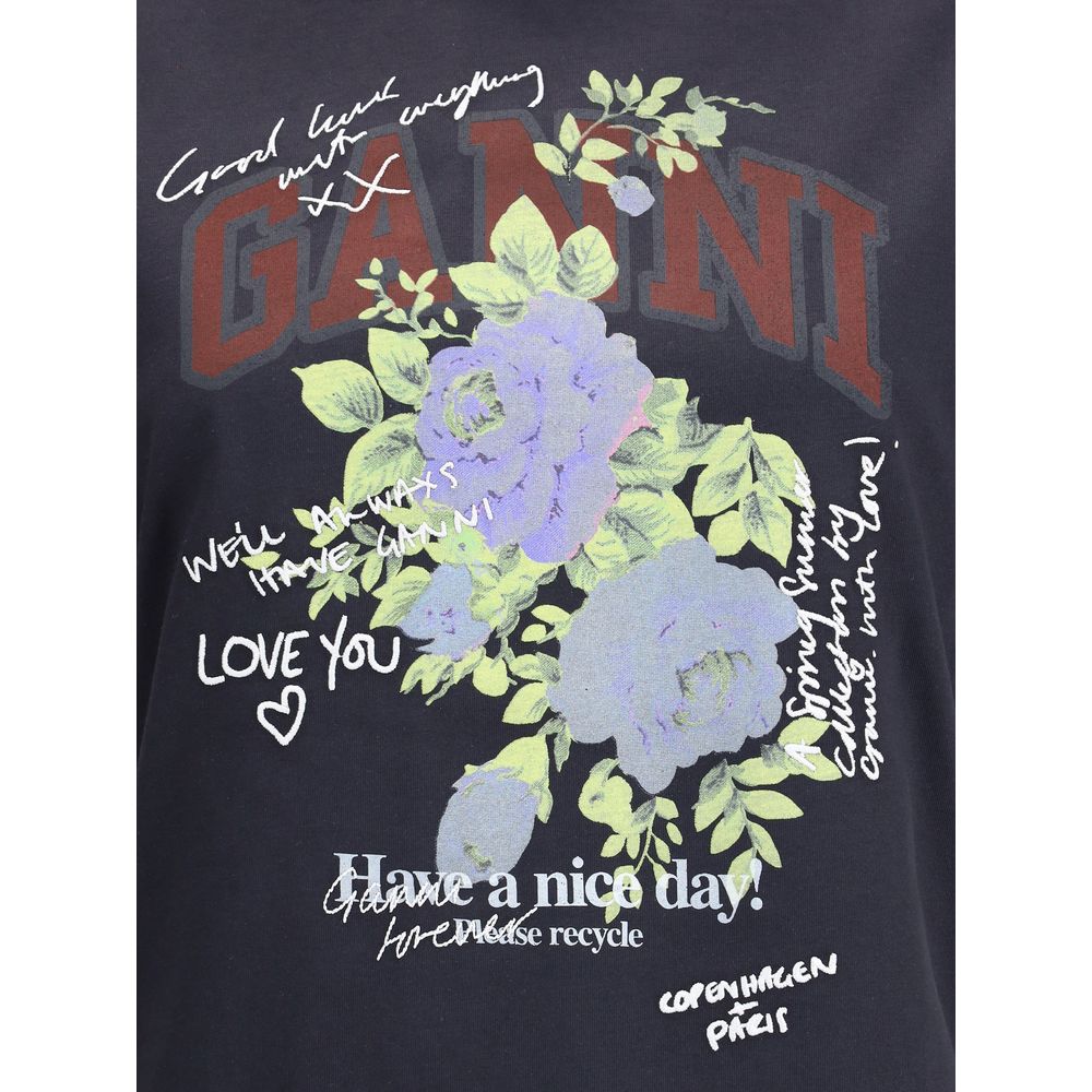 Ganni – T-Shirt mit Rosenmuster