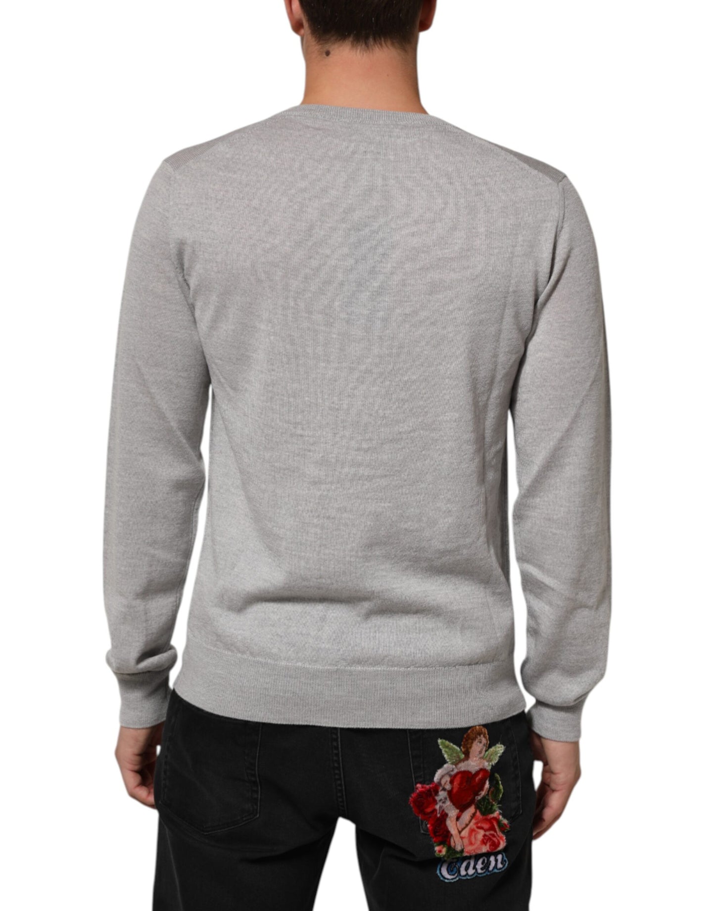 Dolce &amp; Gabbana – Grauer Pullover aus Wollstrick mit Logo und V-Ausschnitt