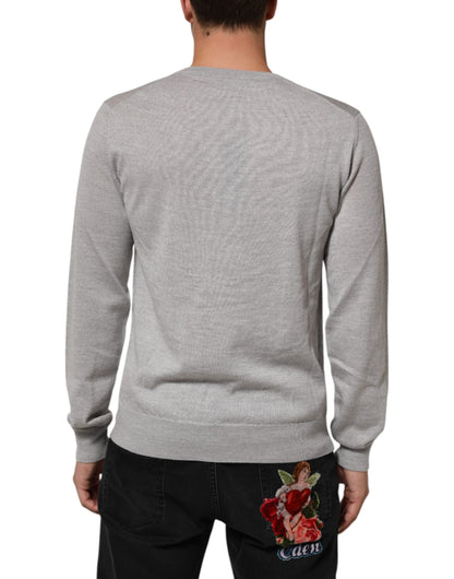 Dolce &amp; Gabbana – Grauer Pullover aus Wollstrick mit Logo und V-Ausschnitt